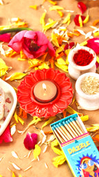 Bloomika flower-shaped T-light candle holder /diyas in vibrant festive colors by KLAEORA