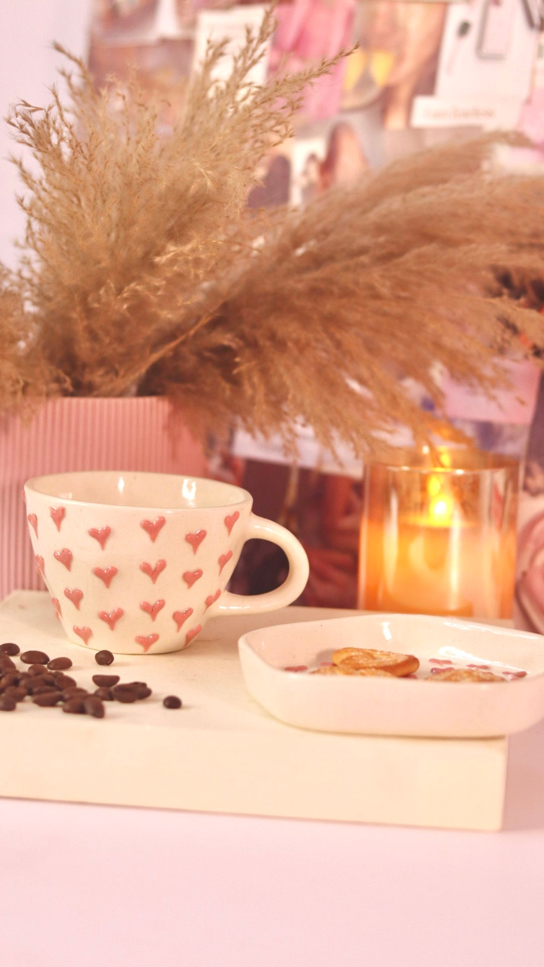Darling Cup and Saucer set with embossed pink heart design by KLAEORA