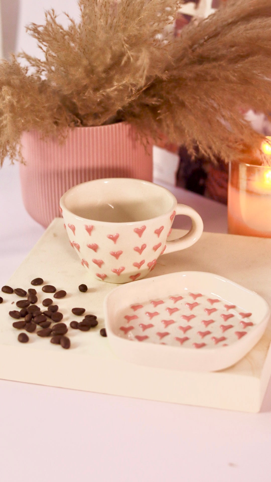 Darling Cup and Saucer set with embossed pink heart design by KLAEORA