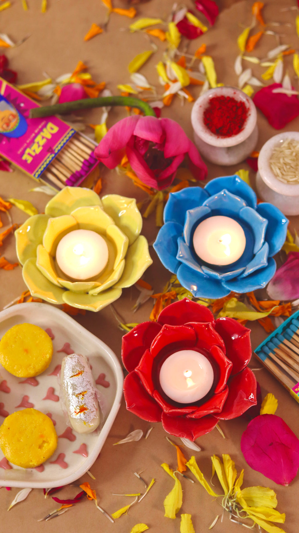 Florika flower-shaped T-light candle /diyas holder handcrafted in bright festive colors by KLAEORA