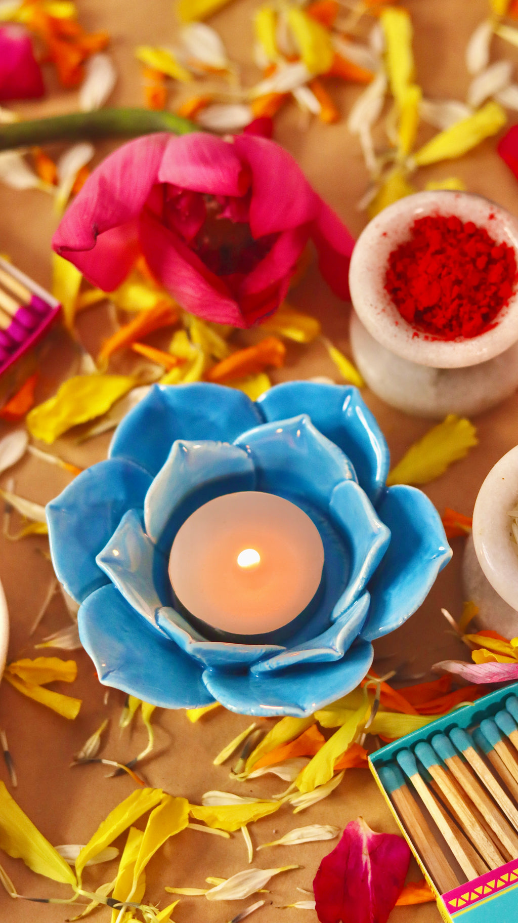 Florika flower-shaped T-light candle /diyas holder handcrafted in bright festive colors by KLAEORA