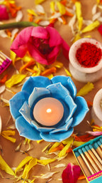 Florika flower-shaped T-light candle /diyas holder handcrafted in bright festive colors by KLAEORA