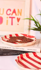 Rouge Strip Cookie Plate by KLAEORA – hand-painted ceramic dessert plate with red strip pattern