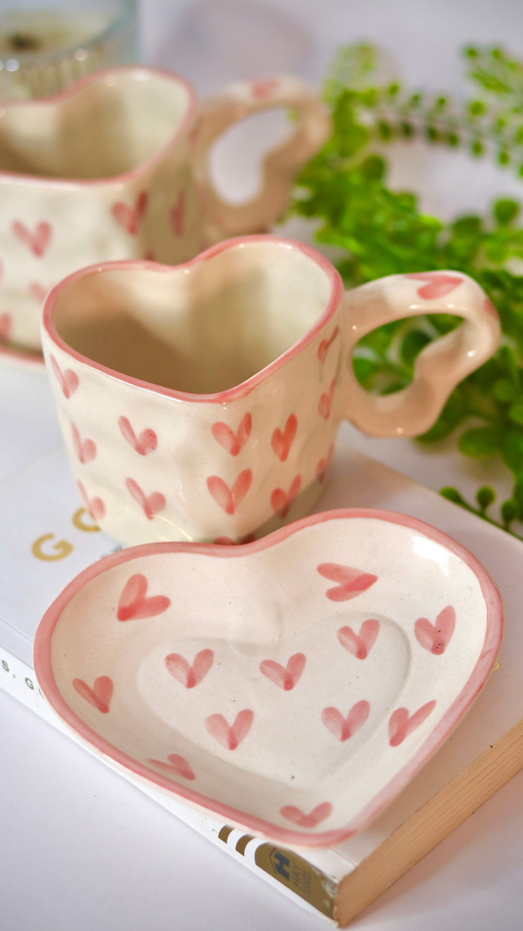 Heart shaped cup and saucer ceramic set