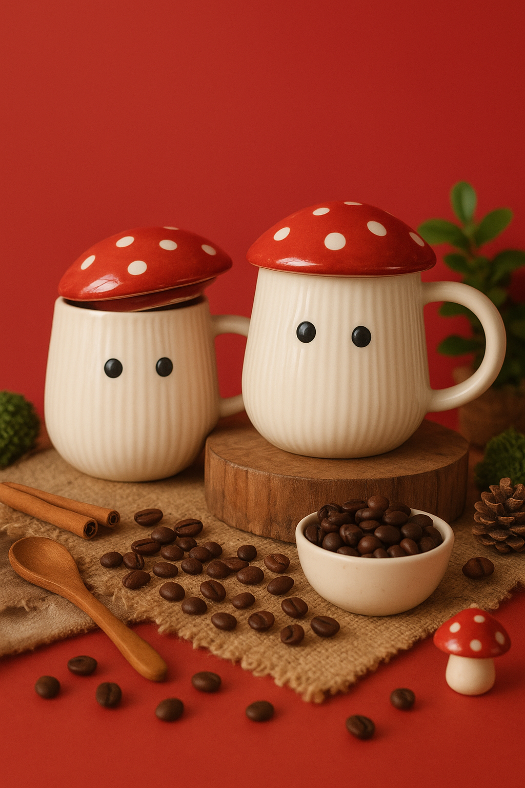 Two mushroom-shaped ceramic mugs with a red cap and white spots on a red background.